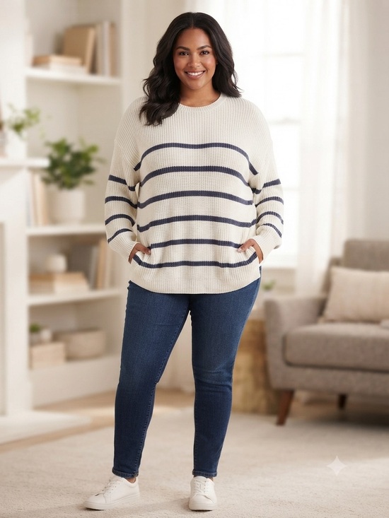 Hollister Sweaters - Hollister Cream Crewneck Sweater with Navy Stripes